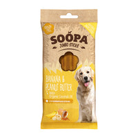 "A package of Soopa Jumbo Banana & Peanut Butter Sticks for dogs. The sticks are made with natural ingredients, organic coconut oil, and are grain-free. The package shows a dog holding one of the sticks, with bananas and a peanut butter jar in the background